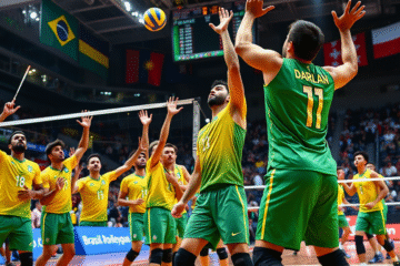 A Seleção Brasileira Masculina de Vôlei celebra a vitória sobre a Polônia na Liga das Nações de Vôlei.