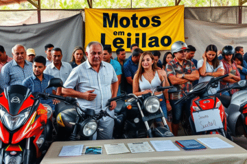 Motos em leilão aguardando compra, explorando a legalidade da aquisição sem carteira.
