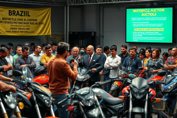 Leilão de motos com detalhes sobre taxas e regulamentação.