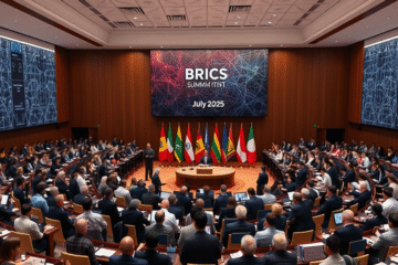 Cúpula do Brics reunindo líderes e empresários para discutir inteligência artificial.