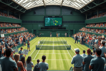 Imagem do torneio de Wimbledon refletindo a transição para juízes de linha eletrônicos, destacando a tecnologia e a tradição do esporte.