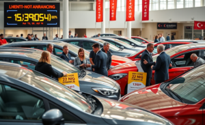 Imagem de consumidores utilizando cartões de crédito para financiar a compra de veículos em meio a altas taxas de juros.