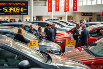 Imagem de consumidores utilizando cartões de crédito para financiar a compra de veículos em meio a altas taxas de juros.