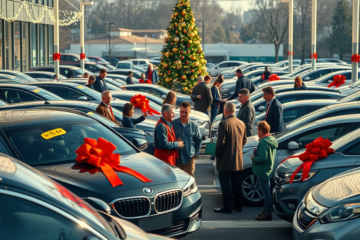 Homem feliz comprando um carro novo em dezembro com incentivos financeiros