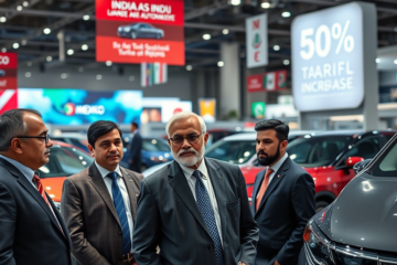 Imagem ilustrativa mostrando o impacto das tarifas sobre importações na indústria de veículos e o comércio internacional.