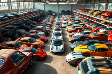 A vasta coleção de supercarros do Sultão de Brunei, incluindo modelos raros como Ferrari F40, Bugatti EB110 e McLaren F1, destacando a riqueza e paixão automotiva.