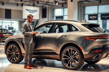 Homem inspeciona seu novo Aston Martin DBX 2022 após compra em leilão online.