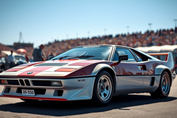 BMW M1 de 1980 em destaque, vencedor do Campeonato Procar, com pintura tricolor Motorsport e aerofólio frontal estilo Procar.