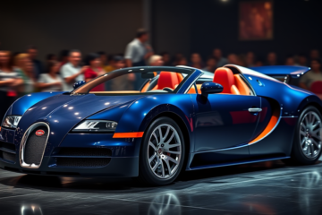 Bugatti Veyron Grand Sport Vitesse 2014 em destaque, mostrando seu interior luxuoso e motor potente.