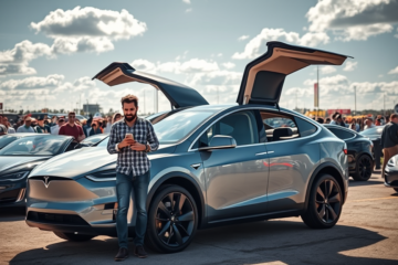 YouTuber americano ao lado de seu Tesla Model X 2020, que comprou por $14.490 após uma significativa desvalorização.