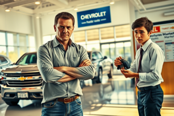 Um vendedor de carros lidando com um cliente em uma concessionária Chevrolet durante uma negociação difícil.