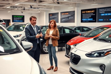 Vendedor de automóveis discutindo o mercado de veículos elétricos usados e suas desvalorizações rápidas.