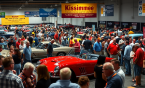 Mecum Kissimmee, o maior leilão de carros colecionáveis, mostrando uma variedade de veículos clássicos e raridades com colecionadores e entusiastas interagindo.