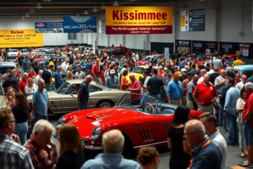 Mecum Kissimmee, o maior leilão de carros colecionáveis, mostrando uma variedade de veículos clássicos e raridades com colecionadores e entusiastas interagindo.