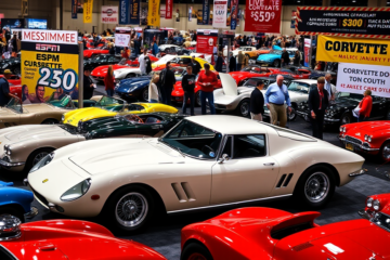 Imagem do leilão Mecum Kissimmee 2026 com destaque para a Ferrari 250 GTO branca de 1962.