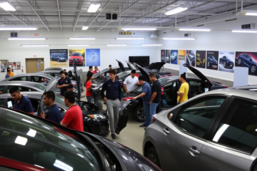 Estudantes participando do programa de reparo automotivo em laboratório