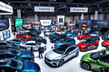 Imagem ilustrativa de chaves digitais automotivas e veículos modernos.