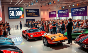Imagem ilustrativa do mercado de carros de colecionador, destacando leilões online e modelos de veículos raros.