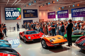 Imagem ilustrativa do mercado de carros de colecionador, destacando leilões online e modelos de veículos raros.