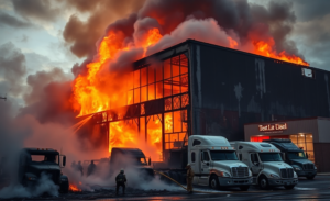 Imagem do incêndio no East Texas Diesel, que destruiu o prédio e veículos.