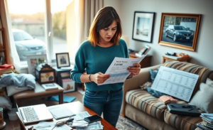 Uma mulher sentada com contas e documentos financeiros, refletindo sobre suas dívidas acumuladas.