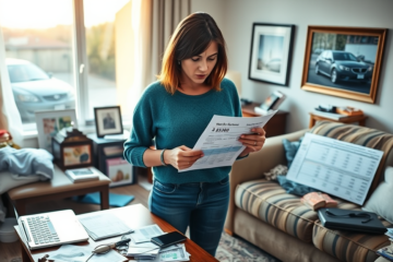 Uma mulher sentada com contas e documentos financeiros, refletindo sobre suas dívidas acumuladas.