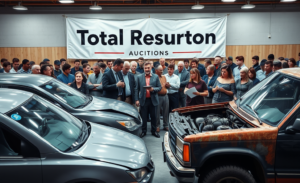 Imagem ilustrativa de um leilão de veículos com foco em carros danificados e a importância da transparência nas vendas TRA.