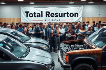 Imagem ilustrativa de um leilão de veículos com foco em carros danificados e a importância da transparência nas vendas TRA.