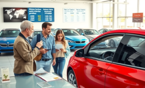 Um consumidor avaliando opções de financiamento para um carro novo com preços em torno de R$50.000 e taxas de juros de 7%.
