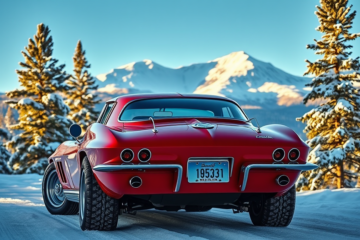 Chevrolet Corvette 1963 Ski Vette com pneus de neve e suporte para esquis, um carro esportivo vintage ideal para climas frios.