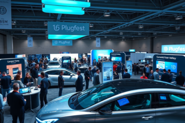 Imagem do evento Plugfest destacando inovações em conectividade veicular.