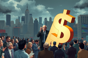 An illustration depicting the declining value of the US dollar against the euro and investor reactions amid economic tensions.