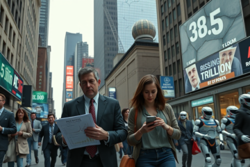 Illustration depicting AI and robotics as solutions to prevent economic bankruptcy.