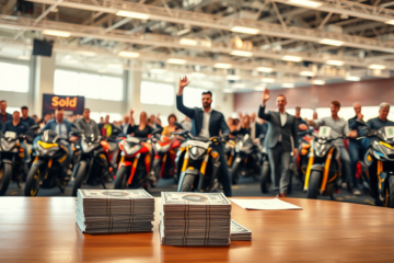 Imagem de moto em leilão destacando oportunidades de investimento.