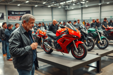 Imagem de um leilão de motos com diversas motocicletas em exposição.