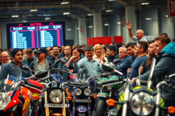 Imagem representativa de leilão de motos com várias motocicletas disponíveis para compra.