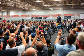 Imagem ilustrativa de leilão de motos com participantes avaliando opções.