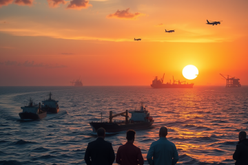 An oil rig with the Strait of Hormuz in the background, highlighting geopolitical tensions affecting global oil prices.