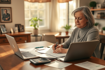An older woman reviewing financial documents, preparing for wealth transfer.
