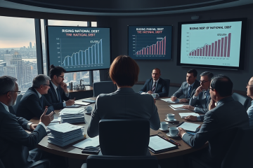 An illustration depicting the rising US national debt and the urgent call for fiscal reforms to stabilize the economy.