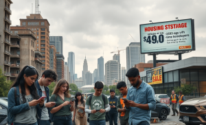 A visual representation of the challenges faced by Generation Z in the collapsing starter economy, including rising housing costs and limited job opportunities.