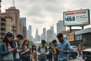 A visual representation of the challenges faced by Generation Z in the collapsing starter economy, including rising housing costs and limited job opportunities.