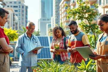 Illustration of diverse communities benefiting from job creation initiatives and technological advancements.