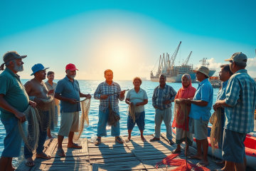 Illustration of the Blue Justice movement advocating for the rights of small-scale fishers against the backdrop of ocean resources.