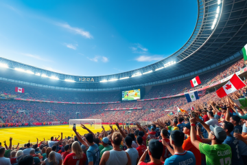 A vibrant scene of World Cup fans celebrating, highlighting economic impact and event-related spending.
