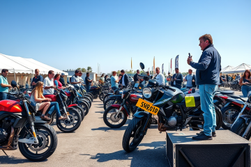 Leilão de motos ao ar livre com compradores inspecionando motos em desconto para economizar na compra