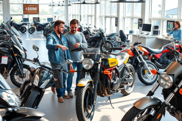 Interior iluminado de showroom de leilão de motos com clientes comparando motos com desconto e boa disponibilidade