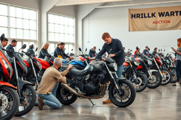 Ambiente interno de leilão de motos recuperadas financiadas com compradores avaliando motos acessíveis à venda