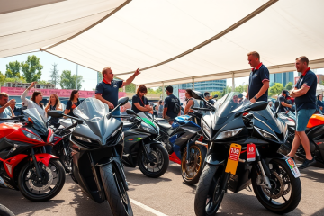 Evento ao ar livre de leilão de motos com vários modelos em exposição e compradores conferindo descontos abaixo do mercado