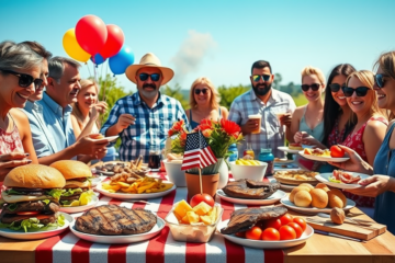 A festive Fourth of July cookout showcasing various food items with price tags illustrating the rising costs due to inflation.